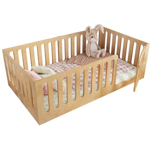 English Elm Twin Solid Pine Montessori Floor Bed with House Frame Door and Safety Fence Natural W5305P420633