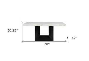 HomeRoots 70" Modern Two-Tone White Faux Marble Dining Table with Black Pedestal Base for Stylish Spaces 564890
