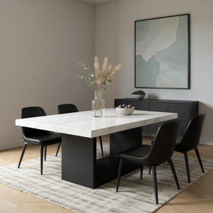 HomeRoots 70" Modern Two-Tone White Faux Marble Dining Table with Black Pedestal Base for Stylish Spaces 564890