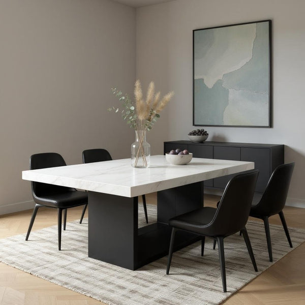 HomeRoots 70" Modern Two-Tone White Faux Marble Dining Table with Black Pedestal Base for Stylish Spaces 564890