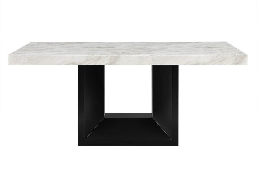 HomeRoots 70" Modern Two-Tone White Faux Marble Dining Table with Black Pedestal Base for Stylish Spaces 564890