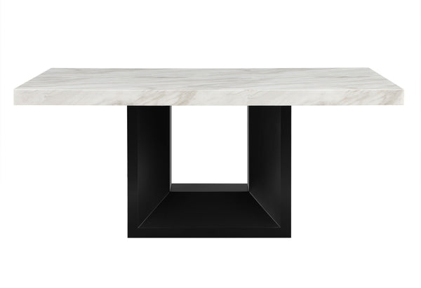 HomeRoots 70" Modern Two-Tone White Faux Marble Dining Table with Black Pedestal Base for Stylish Spaces 564890