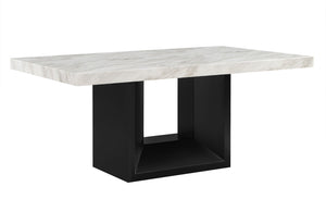 HomeRoots 70" Modern Two-Tone White Faux Marble Dining Table with Black Pedestal Base for Stylish Spaces 564890