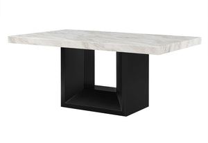 HomeRoots 70" Modern Two-Tone White Faux Marble Dining Table with Black Pedestal Base for Stylish Spaces 564890
