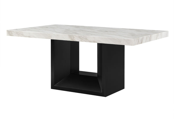 HomeRoots 70" Modern Two-Tone White Faux Marble Dining Table with Black Pedestal Base for Stylish Spaces 564890