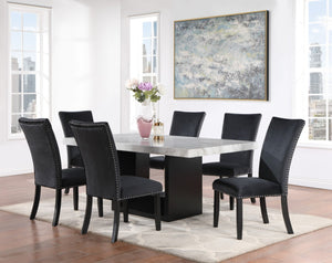 HomeRoots 70" Modern Two-Tone White Faux Marble Dining Table with Black Pedestal Base for Stylish Spaces 564890