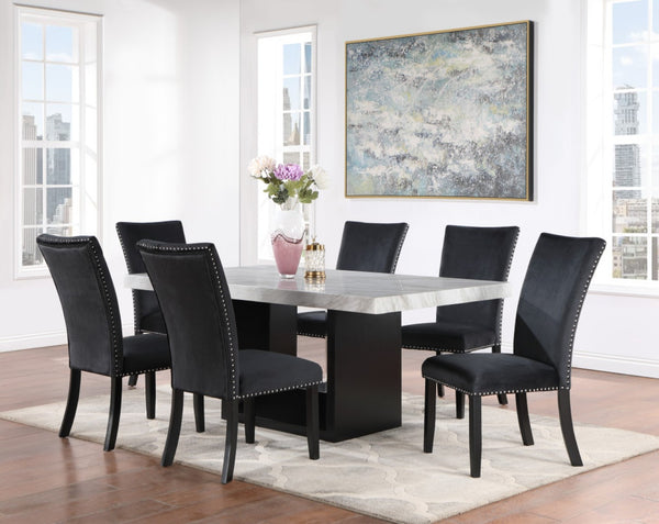 HomeRoots 70" Modern Two-Tone White Faux Marble Dining Table with Black Pedestal Base for Stylish Spaces 564890