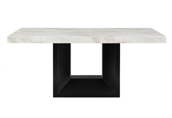 HomeRoots 70" Modern Two-Tone White Faux Marble Dining Table with Black Pedestal Base for Stylish Spaces 564890