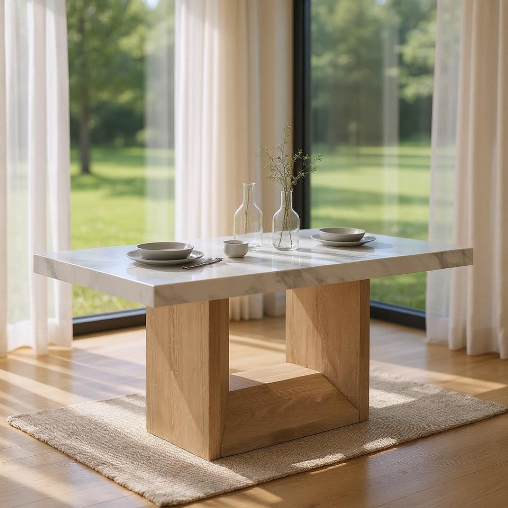 HomeRoots 70" Stylish White Faux Marble Dining Table with Natural Wood Pedestal Base – Seats 6, Versatile Design! 564891
