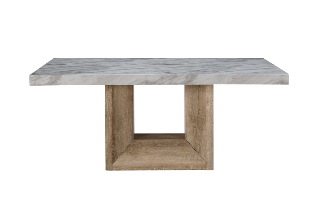 HomeRoots 70" Stylish White Faux Marble Dining Table with Natural Wood Pedestal Base – Seats 6, Versatile Design! 564891