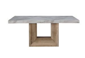 HomeRoots 70" Stylish White Faux Marble Dining Table with Natural Wood Pedestal Base – Seats 6, Versatile Design! 564891