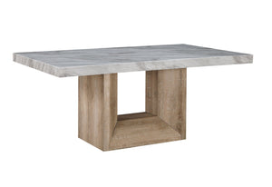 HomeRoots 70" Stylish White Faux Marble Dining Table with Natural Wood Pedestal Base – Seats 6, Versatile Design! 564891