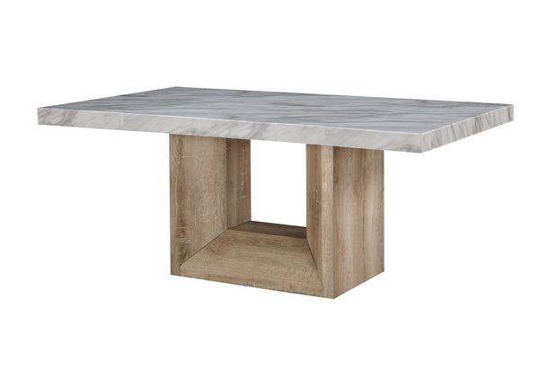 HomeRoots 70" Stylish White Faux Marble Dining Table with Natural Wood Pedestal Base – Seats 6, Versatile Design! 564891