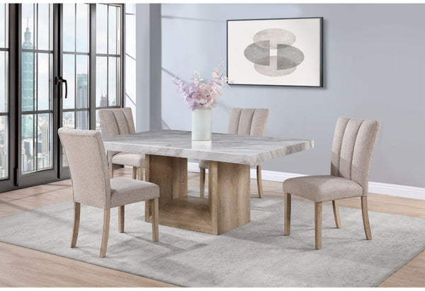 HomeRoots 70" Stylish White Faux Marble Dining Table with Natural Wood Pedestal Base – Seats 6, Versatile Design! 564891