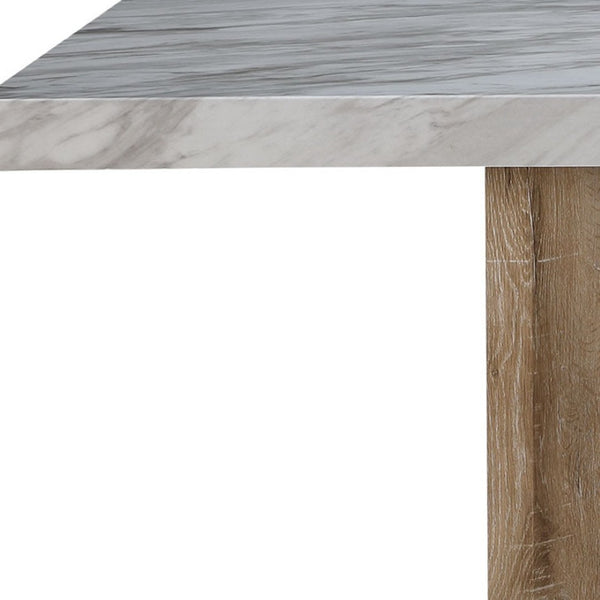 HomeRoots 70" Stylish White Faux Marble Dining Table with Natural Wood Pedestal Base – Seats 6, Versatile Design! 564891