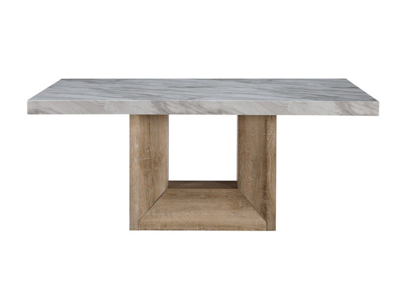 HomeRoots 70" Stylish White Faux Marble Dining Table with Natural Wood Pedestal Base – Seats 6, Versatile Design! 564891
