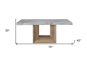 HomeRoots 70" Stylish White Faux Marble Dining Table with Natural Wood Pedestal Base – Seats 6, Versatile Design! 564891