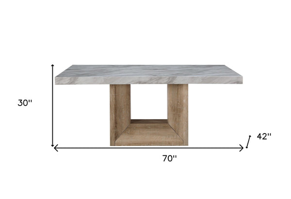 HomeRoots 70" Stylish White Faux Marble Dining Table with Natural Wood Pedestal Base – Seats 6, Versatile Design! 564891