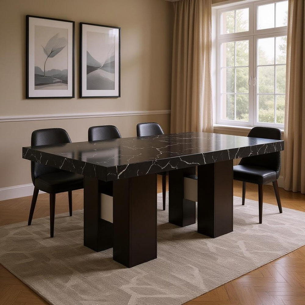 HomeRoots 70" Black Faux Marble Dining Table with Wood Double Pedestal Base - Sleek, Modern & Durable Design 564892