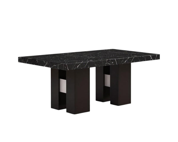 HomeRoots 70" Black Faux Marble Dining Table with Wood Double Pedestal Base - Sleek, Modern & Durable Design 564892
