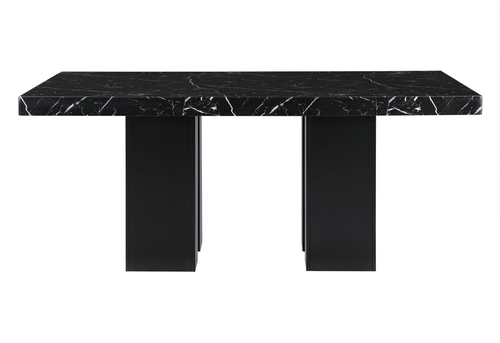 HomeRoots 70" Black Faux Marble Dining Table with Wood Double Pedestal Base - Sleek, Modern & Durable Design 564892