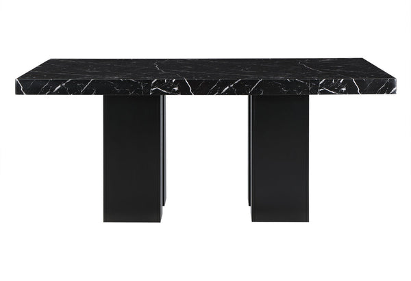 HomeRoots 70" Black Faux Marble Dining Table with Wood Double Pedestal Base - Sleek, Modern & Durable Design 564892