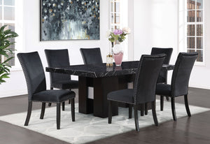 HomeRoots 70" Black Faux Marble Dining Table with Wood Double Pedestal Base - Sleek, Modern & Durable Design 564892