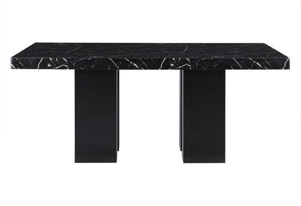 HomeRoots 70" Black Faux Marble Dining Table with Wood Double Pedestal Base - Sleek, Modern & Durable Design 564892