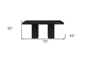 HomeRoots 70" Black Faux Marble Dining Table with Wood Double Pedestal Base - Sleek, Modern & Durable Design 564892