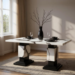 HomeRoots 82" Black and White Faux Marble Dining Table with Double Pedestal Base for Elegant Dining Events 564893