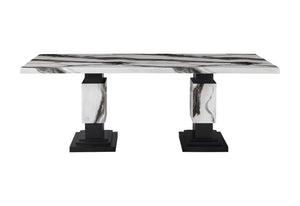 HomeRoots 82" Black and White Faux Marble Dining Table with Double Pedestal Base for Elegant Dining Events 564893