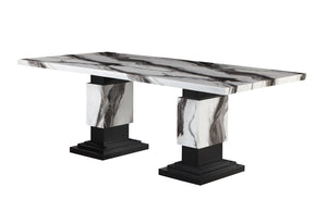 HomeRoots 82" Black and White Faux Marble Dining Table with Double Pedestal Base for Elegant Dining Events 564893