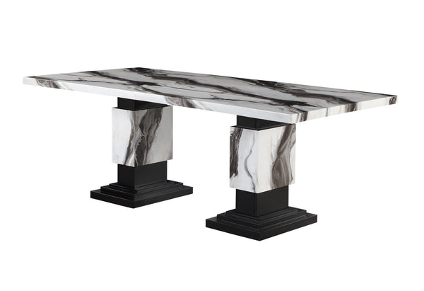 HomeRoots 82" Black and White Faux Marble Dining Table with Double Pedestal Base for Elegant Dining Events 564893