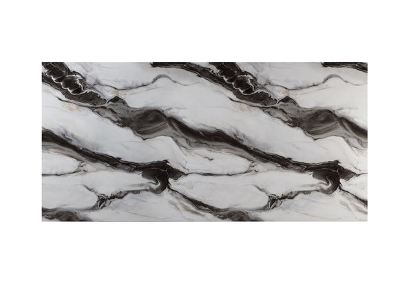 HomeRoots 82" Black and White Faux Marble Dining Table with Double Pedestal Base for Elegant Dining Events 564893