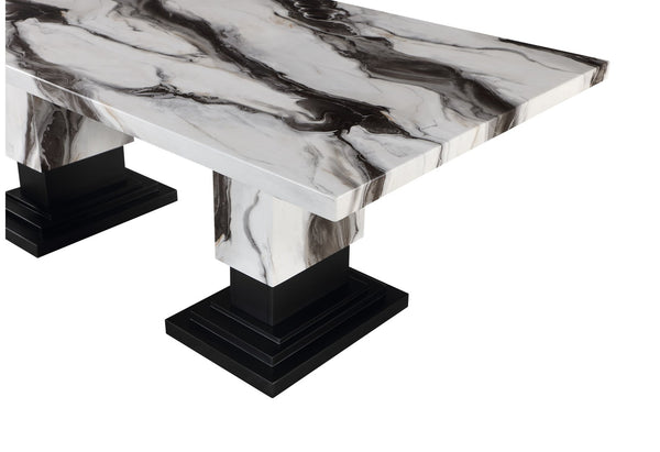 HomeRoots 82" Black and White Faux Marble Dining Table with Double Pedestal Base for Elegant Dining Events 564893