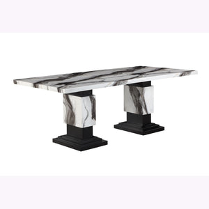 HomeRoots 82" Black and White Faux Marble Dining Table with Double Pedestal Base for Elegant Dining Events 564893