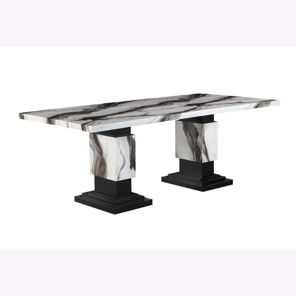 HomeRoots 82" Black and White Faux Marble Dining Table with Double Pedestal Base for Elegant Dining Events 564893