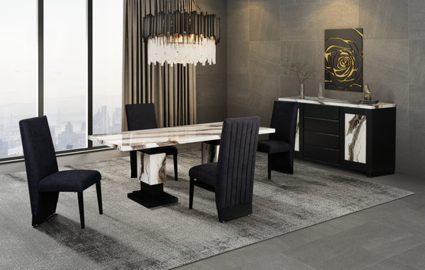 HomeRoots 82" Black and White Faux Marble Dining Table with Double Pedestal Base for Elegant Dining Events 564893