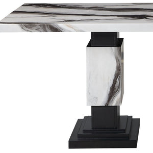 HomeRoots 82" Black and White Faux Marble Dining Table with Double Pedestal Base for Elegant Dining Events 564893