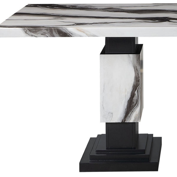 HomeRoots 82" Black and White Faux Marble Dining Table with Double Pedestal Base for Elegant Dining Events 564893
