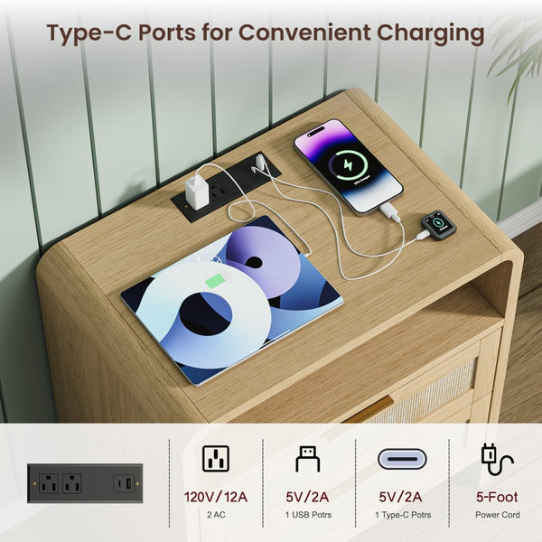 English Elm Rattan Drawer Nightstand Set with Built-in Charging Station and Open Shelf Bedroom Storage Oak W1820P416763