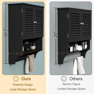 English Elm Wall-Mounted Bathroom Cabinet with Louvered Doors, Adjustable Shelves, Open Shelf & Towel Rod for Organized, Ventilated Storage Black T3771P368996