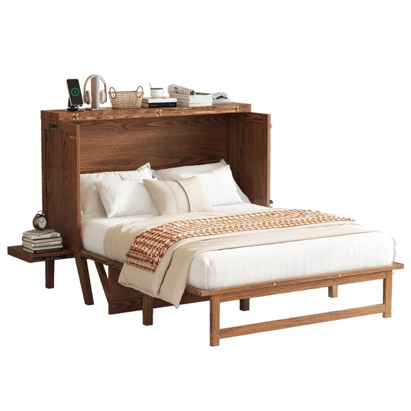 English Elm Full Size Pine Cabinet Murphy Bed with Usb Charging Side Shelves for Guest Rooms W504S00221