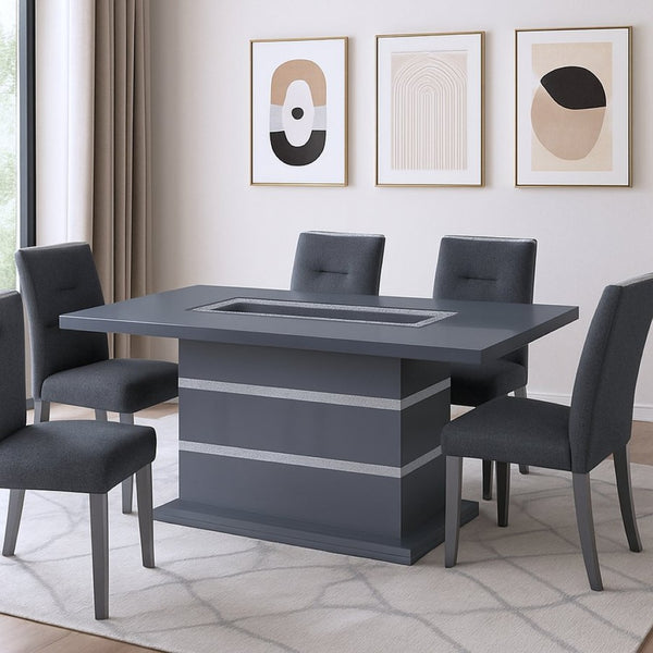 HomeRoots 79" Dark Gray Faux Crystal Glass Dining Table with Stylish Wood Base – Seats 6 for Effortless Elegance 564901