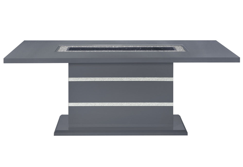 HomeRoots 79" Dark Gray Faux Crystal Glass Dining Table with Stylish Wood Base – Seats 6 for Effortless Elegance 564901