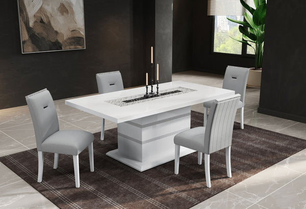 HomeRoots 79" Modern Glam White Faux Crystal Glass Dining Table with Sturdy Wood Pedestal Base for 6 564902