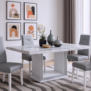 HomeRoots 79" Light Gray & White Marble Pedestal Dining Table – Elegant, Durable Design for 6 – Modern Style 564903