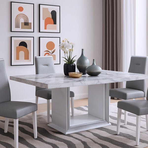 HomeRoots 79" Light Gray & White Marble Pedestal Dining Table – Elegant, Durable Design for 6 – Modern Style 564903