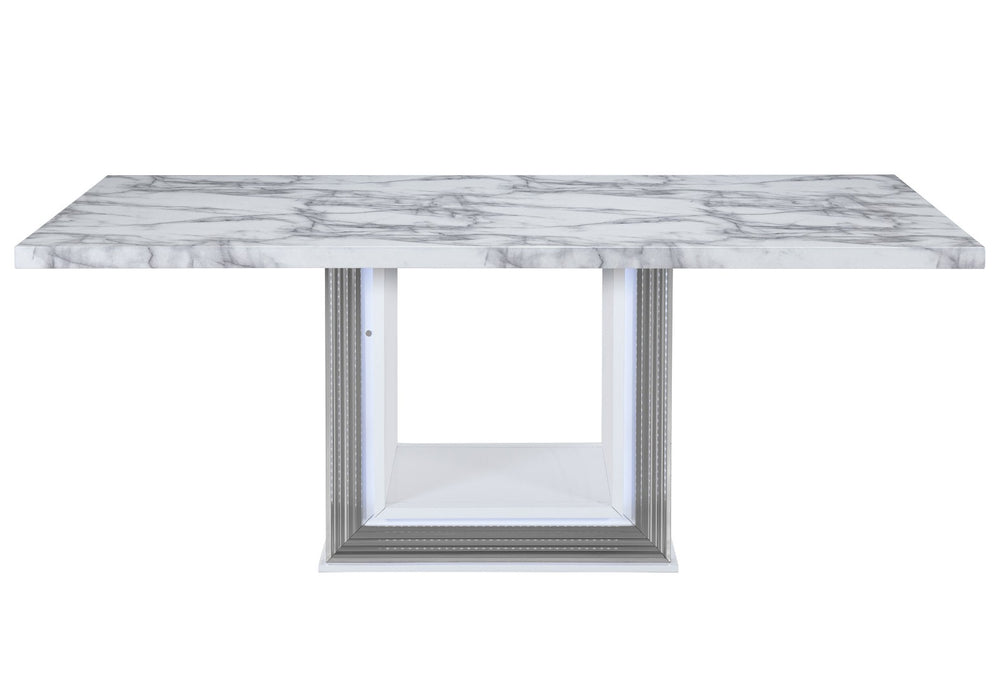 HomeRoots 79" Light Gray & White Marble Pedestal Dining Table – Elegant, Durable Design for 6 – Modern Style 564903