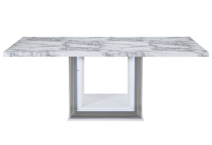 HomeRoots 79" Light Gray & White Marble Pedestal Dining Table – Elegant, Durable Design for 6 – Modern Style 564903